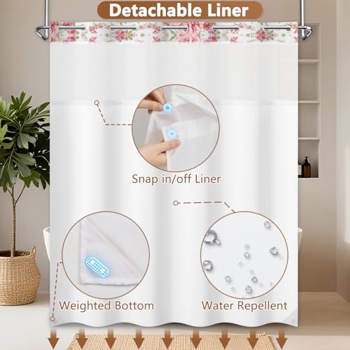 No Hook Shower Curtain and Liner Set, Pink Roses Girls Shower Curtain No Hooks with Snap in Liner and Mesh Top Window, Double-layer Waterproof Fabric Shower Curtains for Bathroom with Weighted Hem - color: Rose Garden