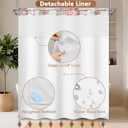No Hook Shower Curtain and Liner Set, Pink Roses Girls Shower Curtain No Hooks with Snap in Liner and Mesh Top Window, Double-layer Waterproof Fabric Shower Curtains for Bathroom with Weighted Hem - color: Rose Garden