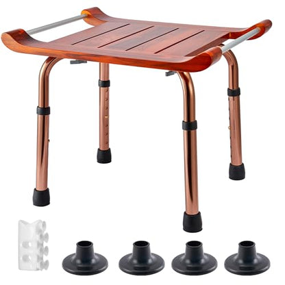 Teak Shower Bench with Handles, Shower Chair for Inside Shower, Height Adjustable Stool, Attached Shower Head Holder Skid pad, Supports Up to 300 Lbs Both Indoor and Outdoor use