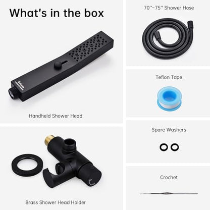 G-Promise All Metal 3-Function Handheld Shower Wand | Built to Last, Easy Install, with On/Off Switch Holder, Extra Long Hose, Modern Upgrade - color: Matte Black, style: Square