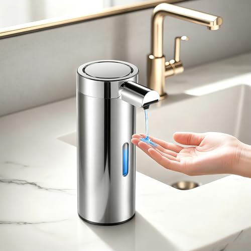 Automatic Soap Dispenser Touchless Soap Dispenser, 360 ML Rechargeable Sensor Pump with 304 Stainless Steel, 3-Level Adjustable, Water-Resistant for Kitchen Bathroom, Silver