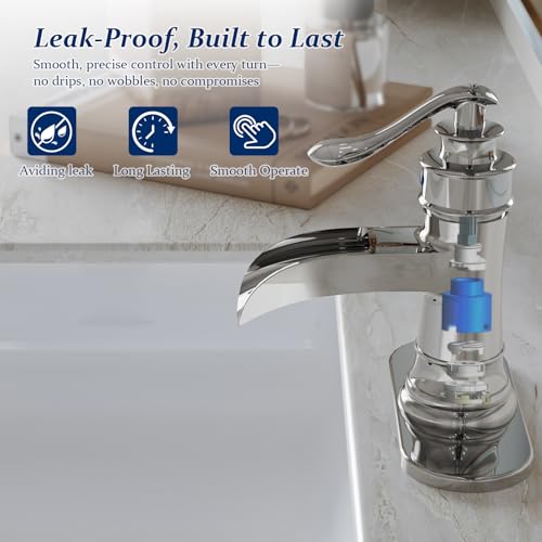 BWE Brass Chrome Waterfall Bathroom Faucet for Modern Powder Room | Wide Waterfall Spout, Ceramic Cartridge, Fits 1 or 3-Hole Sink, Single Handle, Hardware Kit Included, Not for Vessel Sink - color: Chrome