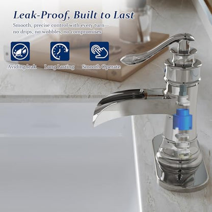 BWE Brass Chrome Waterfall Bathroom Faucet for Modern Powder Room | Wide Waterfall Spout, Ceramic Cartridge, Fits 1 or 3-Hole Sink, Single Handle, Hardware Kit Included, Not for Vessel Sink - color: Chrome