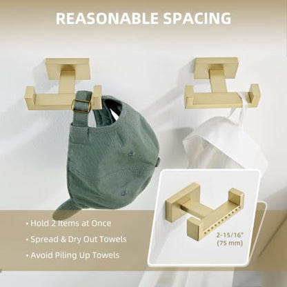 Angle Simple Double Towel Hook Brushed Gold, Bathrobe Coat Holder, 2 Pack | SUS304 Stainless Steel Robe Hook for Bathroom Wall, Hand Towel Hanger Screw Wall Mount - color: Brushed Gold, size: 2 Pack