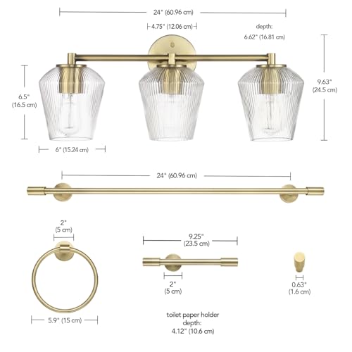 GLOBE Electric 63000063 5-Piece All-in-One Bathroom Set, Matte Brass Finish, 3-Light Vanity Light, Glass Shades, Towel Bar, Toilet Paper Holder, Towel Ring, Robe Hook, Bathroom Lights Over Mirror - color: Brass