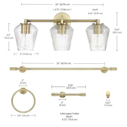 GLOBE Electric 63000063 5-Piece All-in-One Bathroom Set, Matte Brass Finish, 3-Light Vanity Light, Glass Shades, Towel Bar, Toilet Paper Holder, Towel Ring, Robe Hook, Bathroom Lights Over Mirror - color: Brass