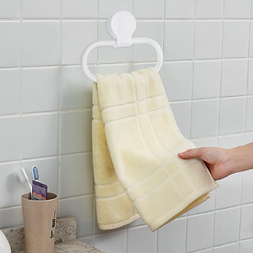 Adhesive Towel Holder, White Hand Towel Holder for Wall Mounted, Plastic Oval Shower Washcloth Hanger Ring for Bathroom