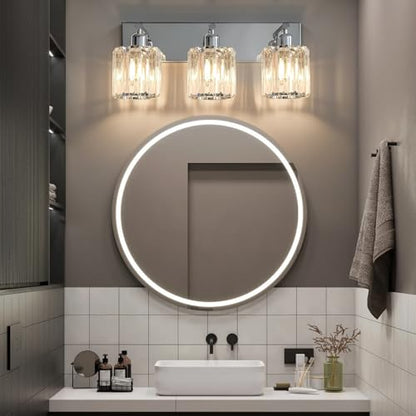 Brushed Chrome Crystal Bathroom Vanity Light, 3-Light Modern Bathroom Lighting Fixtures Over Mirror,Chrome Wall Sconce Light Fixtures with Round Shade - color: Chrome-Round Shade, size: 3-LIGHT