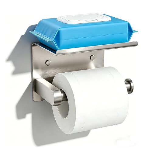 Brushed Nickel Toilet Paper Holder Wall Mount, NEWRAIN Rustproof Toilet Tissue Holder with Phone Shelf, Stainless Steel Adhesive Toilet Roll Holder for Bathroom, Washroom, Kitchen, RV ﻿ - color: Brushed Nickel, style: Single