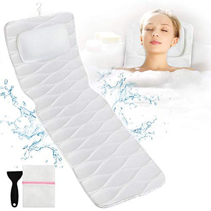 OMYSTYLE Full Body Bath Pillow, Bath Pillows for tub with Mesh Washing Bag & 21 Non-Slip Suction Cups, Spa Bathtub for Head Neck Shoulder and Back Support - 5D Air Mesh & Quick Drying - color: White