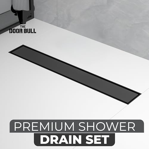 24-Inch Linear Shower Drain - 304 Stainless Steel | Reversible 2-in-1 Flat & Tile Insert Cover, Rectangular Floor Drain Set with Hair Catcher & Adjustable Leveling Feet - color: Matte Black, size: 24 Inch