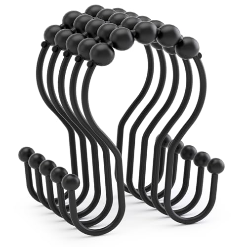 AmazerBath Shower Curtain Hooks Black Shower Curtain Rings, Metal Shower Curtain Hooks Rust Proof, Smooth Glide Double Shower Hooks Rings for Shower Curtain, Shower Rod Hooks 12Pcs - color: Black, style: Double Shower Hooks