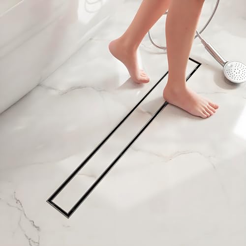 Neodrain 28" Matte Black Linear Shower Drain,2-in-1 Flat& Tile Insert Cover | 304 Stainless Steel,Fast Drainage, Durable,Rectangle Shower Floor Drain with Adjustable Feet,Hair Strainer,Fits Bathrooms - color: Matte Black, size: 28 In