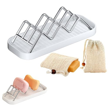 Thick Stainless Steel Soap Holder with 2 Soap Saver Bags, Self-Draining Shampoo Bar Holder with Removable Drip Tray, 304 Rustproof Quick-Drying Soap Dish for Bathroom Counter, Kitchen Sink & Shower