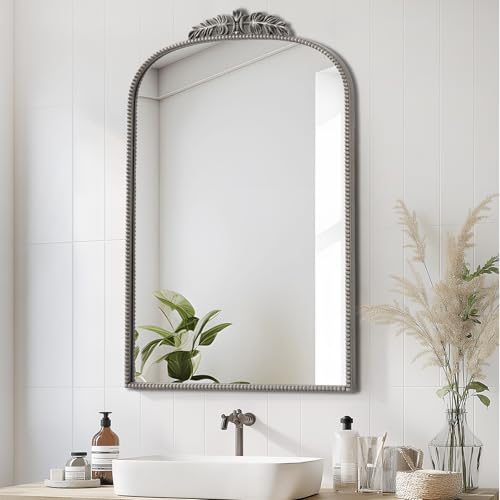 sogesfurniture Modern Wall Mounted Bathroom Mirror Cabinet – Vintage Style Decro Recessed Medicine Cabinet with Shelves, Sturdy Iron Frame for Bathroom Storage, Silver - color: Rustic Silver-arched, size: 24x36 inch