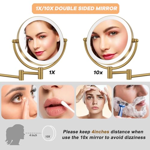 8" Lighted Magnifying Makeup Mirror Wall Mounted, Brushed Moderne Brass | 1X/10X Double Sided, 3 LED Color Touch Dimmable, 360 Swivel Gold Extendable Arm Vanity Shaving for Bathroom, Rechargeable - color: Brushed Moderne Brass