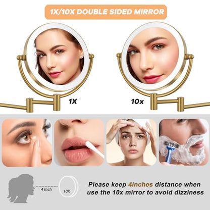 8" Magnifying Makeup Mirror Wall Mounted with Lights, Brushed Moderne Brass | 10X Magnification, Touch Sensor 3 Color LED, Adjustable Brightness, Gold Bathroom Shaving Vanity Swing Arm, Hardwired - color: Brushed Moderne Brass