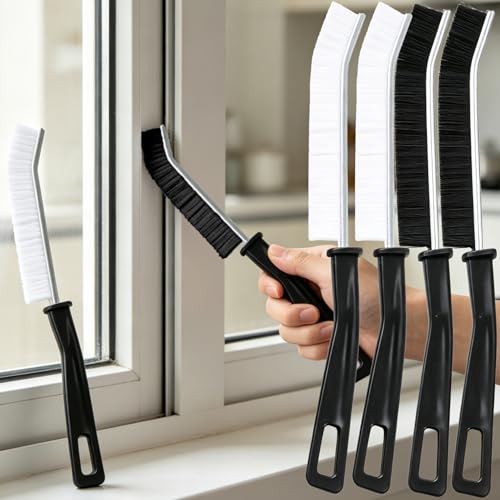 4-Pack Crevice Cleaning Brush, Hard Bristle Grout Scrubber for Narrow Gaps, Thin Window Track Cleaner Tool, Home Essentials for Bathroom Kitchen Sink Corners - 2 Black 2 White