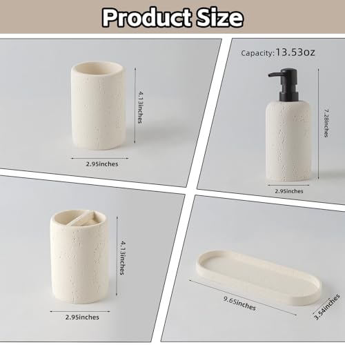 Bathroom Accessories Set,4 PCS Travertine Stone Look Collection,Cream | Modern Bath Organizer with 13.53 OZ Soap Dispenser, Toothbrush Holder, Tumbler, Vanity Tray for Countertop Kitchen Sink - color: Cream