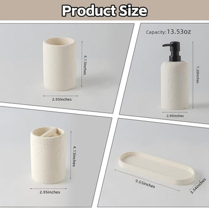 Bathroom Accessories Set,4 PCS Travertine Stone Look Collection,Cream | Modern Bath Organizer with 13.53 OZ Soap Dispenser, Toothbrush Holder, Tumbler, Vanity Tray for Countertop Kitchen Sink - color: Cream