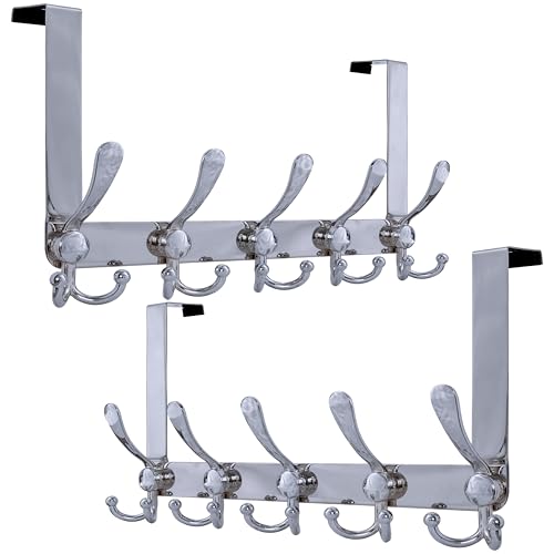Over Door Hook 2.0 - Upgraded Version - Simple-Assembly, Strong, Heavy-Duty Stainless Steel 5-Tri-Hook Over The Door Hanger Rack, SimpleStrong Series, Chromed, Pack of 2 - color: Chromed