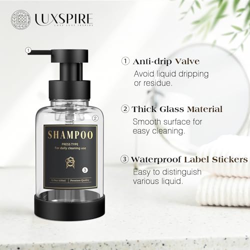 Luxspire 15oz Glass Foaming Soap Dispenser Set, Clear + Dark Gray, 2 Pack | Anti-drip pump, wide mouth easy refill, non-slip silicone base, 7 waterproof labels, refillable glass for hand dish soap - color: Transparent