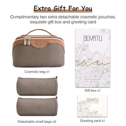 BOYATU Travel Makeup Bag Organizer Cosmetic Bag: 3 Pcs Set Make up Bags for Women with Handle - Waterproof Vegan Leather Toiletry Bags Travel Essentials Pouch with Compartments (A-02-Grey) - color: 02-B-Grey