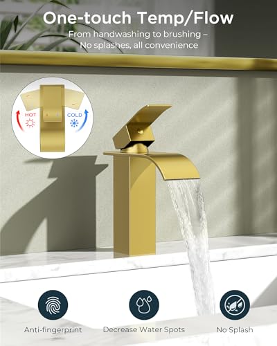 FORIOUS Bathroom Faucet 1 Hole, Waterfall Vanity Sink Faucet Brushed Gold | Bathroom Sink Faucet 1 or 3 Hole, Square Single Handle with 24" cUPC Supply Line and Pop-up Drain, Fits RV Restroom Basin - color: Brushed Gold