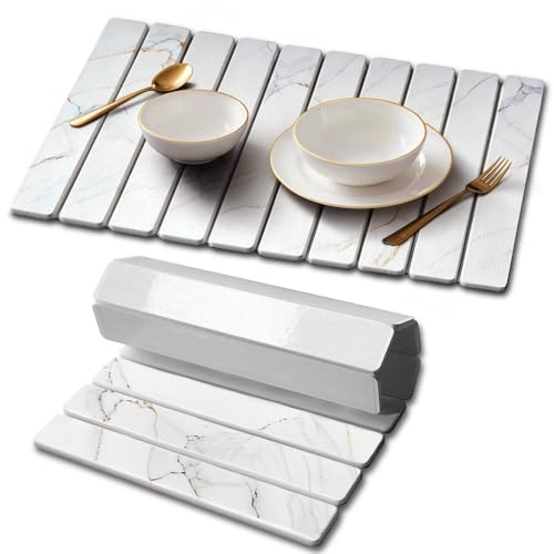 Stone Drying Mat for Kitchen Counter, Quick Diatomaceous Earth Mats for Dishes, 24"L x 16" W Super Absorbent Fast-Drying Collapsible Countertop Stone Mat (Marble Gold White, 24" x 16") - color: Marble Gold White