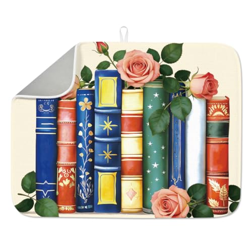1Pc Vintage Book Dishes Drainer Mat 23.6x17.7 Inch/60x45cm Microfiber Polyester Cotton Dishes Drainer Mat Floral Print Absorbent Pad Coffee Machine Station Mat With Hanging Loop, Vintage - style: Book Flower