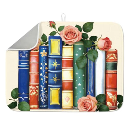 1Pc Vintage Book Dishes Drainer Mat 23.6x17.7 Inch/60x45cm Microfiber Polyester Cotton Dishes Drainer Mat Floral Print Absorbent Pad Coffee Machine Station Mat With Hanging Loop, Vintage - style: Book Flower