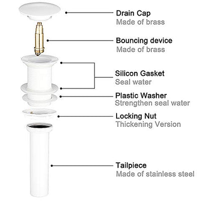 Solid Brass White Color Bathroom Faucet Sink Drain Stopper Vessel Vanity Pop Up Drain Without Overflow | Solid Drain Stopper White Color Bathroom Assembly Fits 1.57 to 2.36 Inch Sink Openings with 1-1/4 Inch Large Cap And Basket - size: Without Overflow