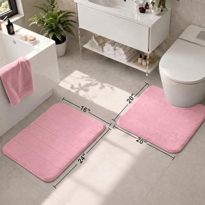2 Piece Memory Foam Bath Mat Set, Extra Soft Absorbent Bathroom Rugs with U-Shaped Toilet Rug, Non-Slip Backing, Machine Washable, 24x16 + 20x20 U-Shaped, Pink - color: Pink
