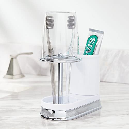 mDesign Plastic Toothpaste and Toothbrush Holder Center with Cup/Cover - Organizer for Bathroom Vanity Countertop - Holds Paste, Floss, Accessories - Hyde Collection - White/Chrome - color: White/Chrome