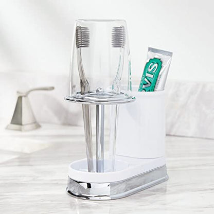 mDesign Plastic Toothpaste and Toothbrush Holder Center with Cup/Cover - Organizer for Bathroom Vanity Countertop - Holds Paste, Floss, Accessories - Hyde Collection - White/Chrome - color: White/Chrome