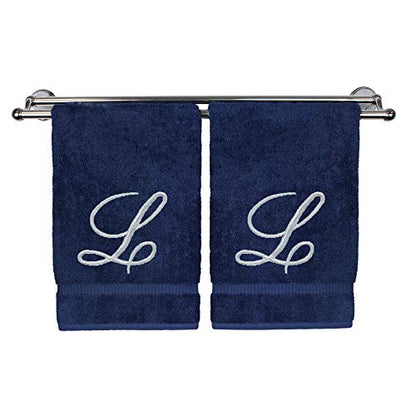 BC BARE COTTON Monogrammed Hand Towel, Navy, 16 x 30 Inches - Set of 2, Extra Absorbent 100% Turkish Cotton, Soft Terry Finish, for Bathroom, Kitchen and Spa - color: Silver on Navy, style: Classic