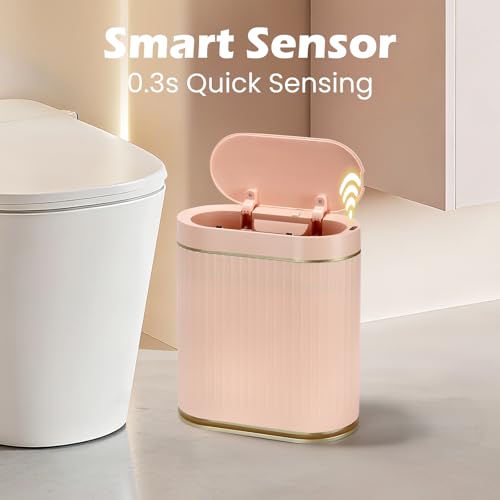 SYNCVIBE Bathroom Sensor Trash Can with Lid, 2 Gallon, Automatic Lid, Pink | 7.5 Liter Smart Garbage Bin, Slim IPX5 Waterproof Plastic Wastebasket, Small Trash Bin for Bedroom, Office and Living Room - color: Pink