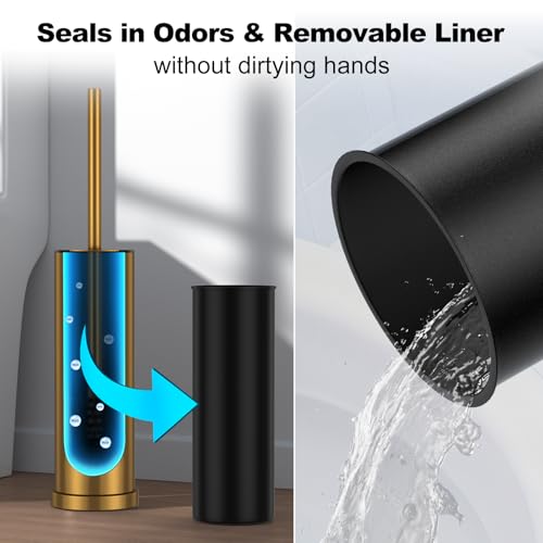 Brushed Gold Toilet Brush and Holder Set，Stainless Steel Heavy Duty Toilet Bowl Brush，Extra Long Handled Modern Toilet Cleaner Brush with Replaceable Head, Removable Inner Bowl, and Splash Protection - color: Brushed Gold, size: 1 Pack