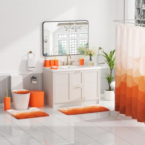 XLHOMO Bathroom Accessory Set - 26PC Bathroom Shower Curtain and Rug Set, Bathroom Accessories Set, Orange Bathroom Set with Trash Can, Toilet Brush, Qtip Holder & Soap Dispenser - style: Orange