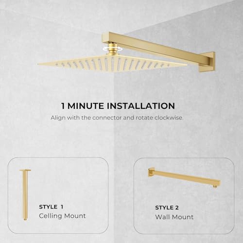 10 Inch Rain Shower Head, Square Rainfall & High Pressure, 304 Stainless Steel, 1/16" Ultra Thin, Waterfall Full Body Coverage with Silicone Nozzle, Brushed Gold - color: Golden, size: 10 Inch