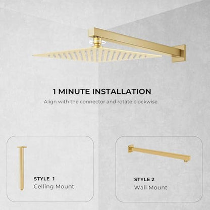 10 Inch Rain Shower Head, Square Rainfall & High Pressure, 304 Stainless Steel, 1/16" Ultra Thin, Waterfall Full Body Coverage with Silicone Nozzle, Brushed Gold - color: Golden, size: 10 Inch