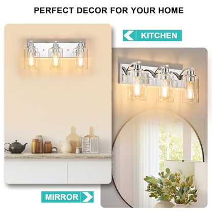3-Light Bathroom Light Fixtures Modern Chrome Vanity Lights | Easy to Install Clear Glass Shades, Wall Mount Up or Down, E26 Socket, Hardwired, 126V - color: Chrome, size: 3 Lights