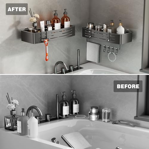Voldra Adhesive Shower Caddy, 2 Pack Shower Shelves for Inside Shower No Drilling, Aluminum Stick On Showers Organizer with Towel Bar & Hooks Removable Bathroom Shelf Storage Rack(Gray) - style: Adhesive Strip Rectangle-2 Pack