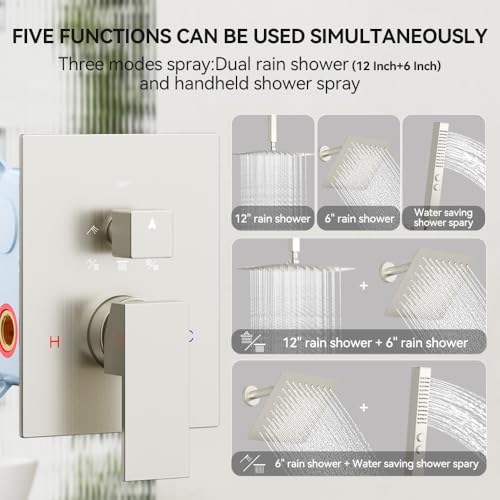 STARBATH Shower Faucet Set Shower System with Diverter Valve Brushed Nickel | 12 Inch Ceiling Mount Rain Shower Head, 6 Inch Wall Mount Rainfall Shower Head and 2-in-1 Handheld Spray for Two Person - color: Brushed Nickel, size: 12"+6"-03