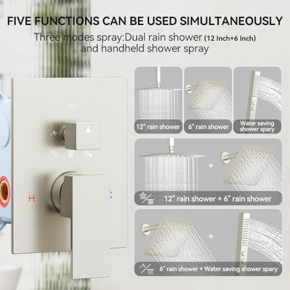 STARBATH Shower Faucet Set Shower System with Diverter Valve Brushed Nickel | 12 Inch Ceiling Mount Rain Shower Head, 6 Inch Wall Mount Rainfall Shower Head and 2-in-1 Handheld Spray for Two Person - color: Brushed Nickel, size: 12"+6"-03