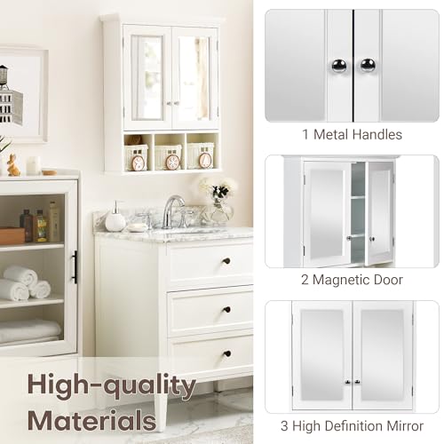 Bathroom Medicine Cabinet with Mirror Doors, Wall Mounted Cabinet with 2 Adjustable Shelves and 3 Storage Baskets, Over The Toilet Wall Cabinet for Bathroom, Laundry Room, Kitchen