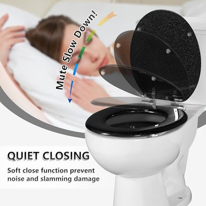 Angol Shiold Glitter Toilet Seat Molded Wood Round Toilet Seat with Quietly Close and Quick Release Hinges, Easy to Install also Easy to Clean (Round 16.5'', Black) - color: Black, size: Round 16.5‘’