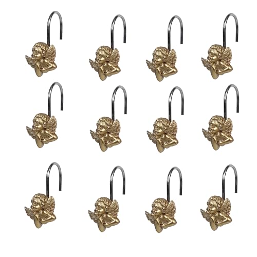 Twofish Home Golden Angel Shower Curtain Hooks Anti Rust Shower Curtain Hooks Decorative Resin Golden Angel Shower Curtain Rings Set of 12 - color: Golden Angel