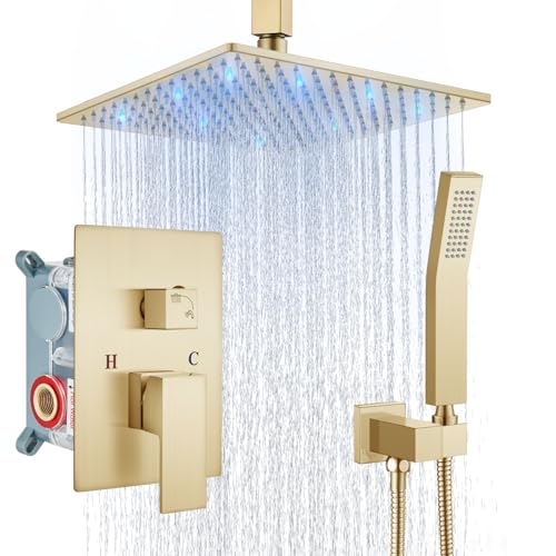Aolemi Ceiling Shower Faucet Set with Handheld 10" LED Head Brushed Gold | Handheld Spray,10 Inch Rain LED Head,Shower Valve and Trim Kit,All Metal,Ceiling System,Bathroom Mixer - color: Gold, size: 10 Inch LED Shower Head