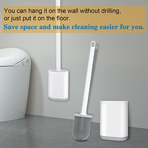 Silicone Toilet Brush and Holder, Wall Mounted No Rust Problem White | TPR Small and compact Flex Flat head Scrubber Ergonomics Modern Cute Bendable Matte Hidden Bathtub - color: White